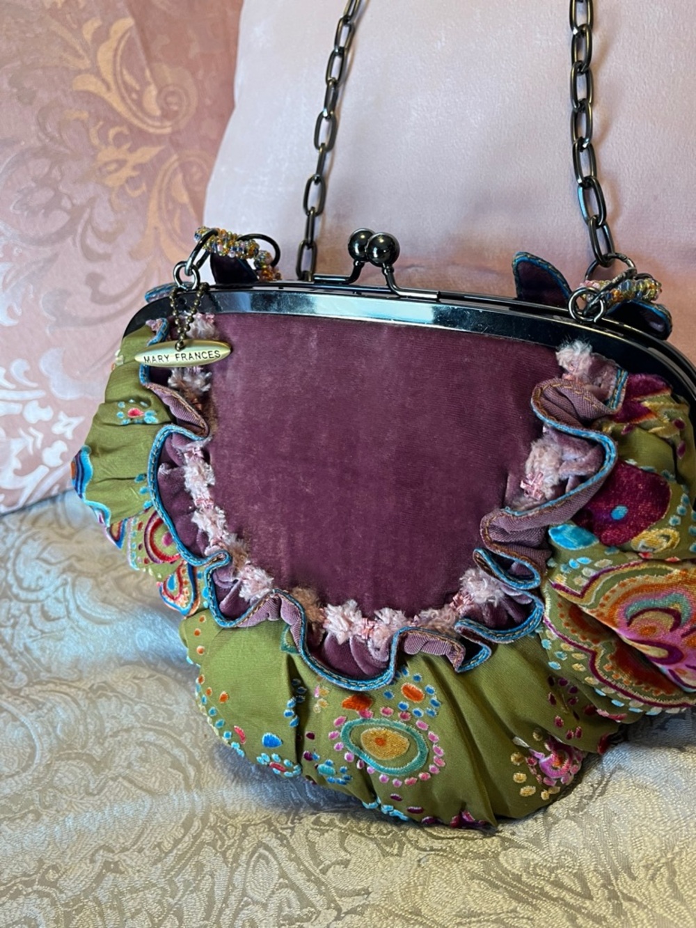 Mary Frances Vintage Olive & Mauve Floral Beaded Clutch, NWT - Picture 14 of 15